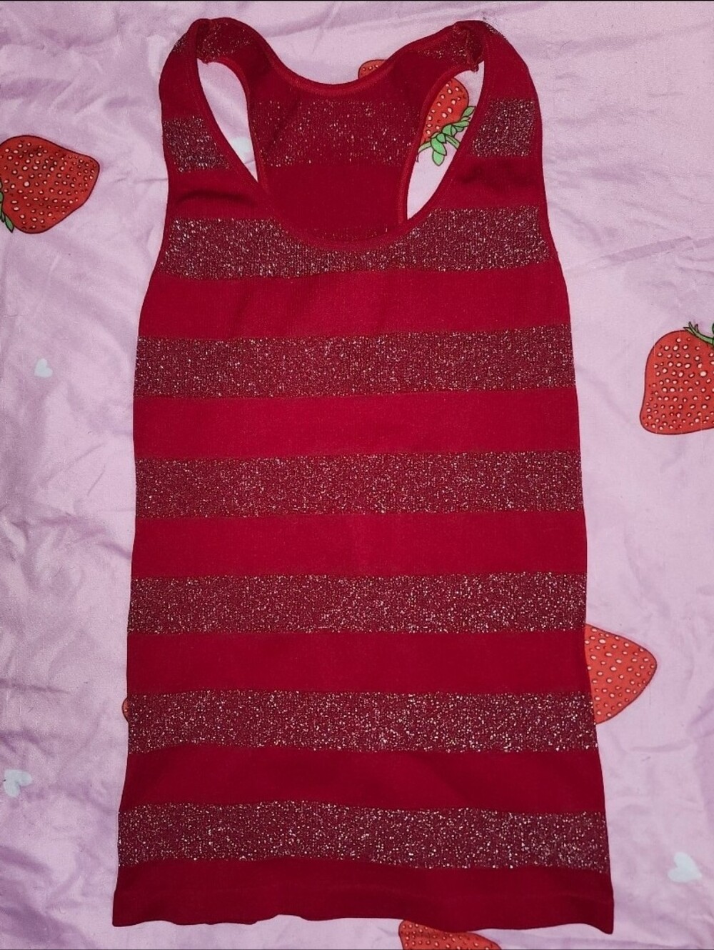 Women's size medium Red tank top with silver glitter stripes